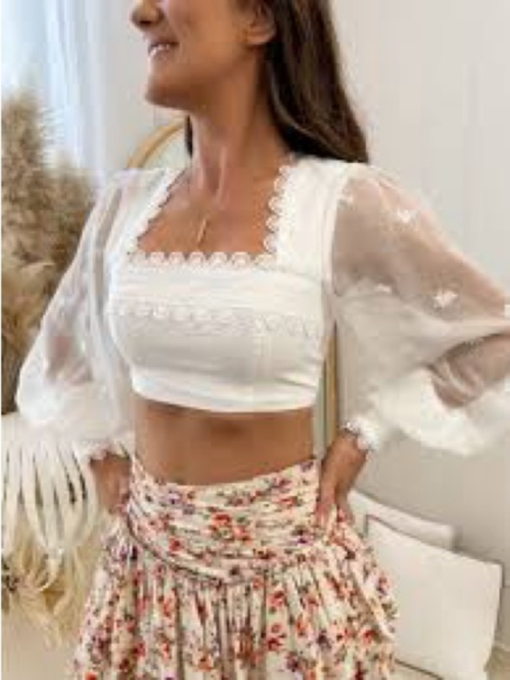 Seven Wonders White Sheer Sleeve Square-Neck Crop Top S NWT